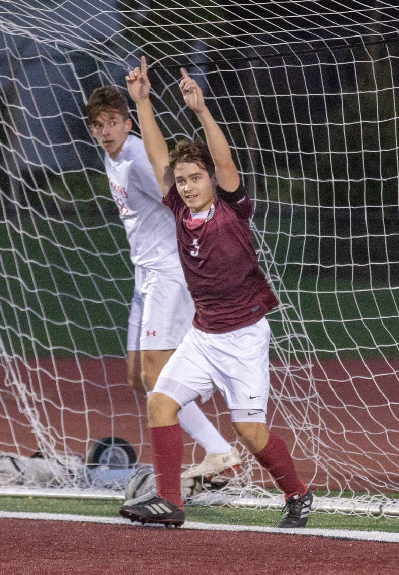 Senior Co-Captain Owen Jaite celebrates his goal in our 2-0 playoff victory against Fairview.