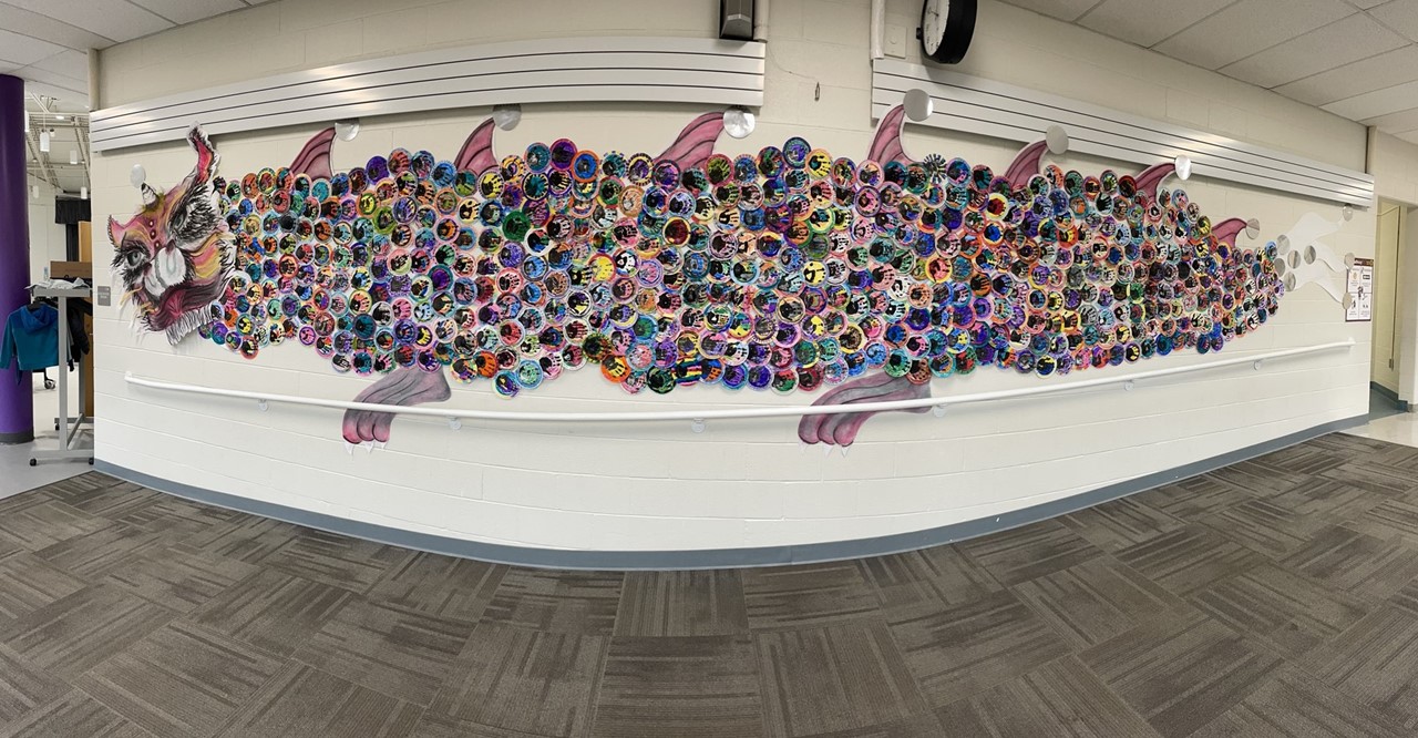 Picture of handprint dragon created by all the Goldwood students