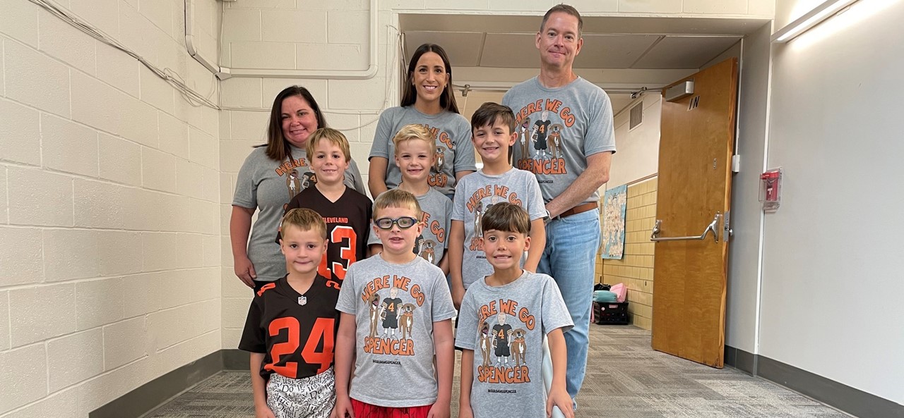 Students and staff wearing Browns gear and Here We Go Spencer tshirts