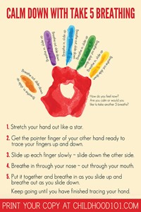 Image of a hand with instructions to breathe in and out while tracing fingers